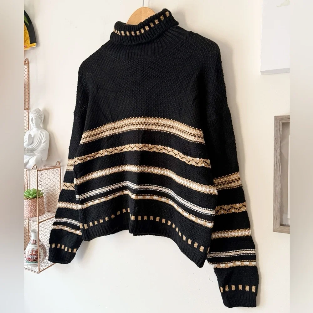 Vintage 90s Y2K Black Tan Striped Turtleneck Sweater Made in the USA Size Large